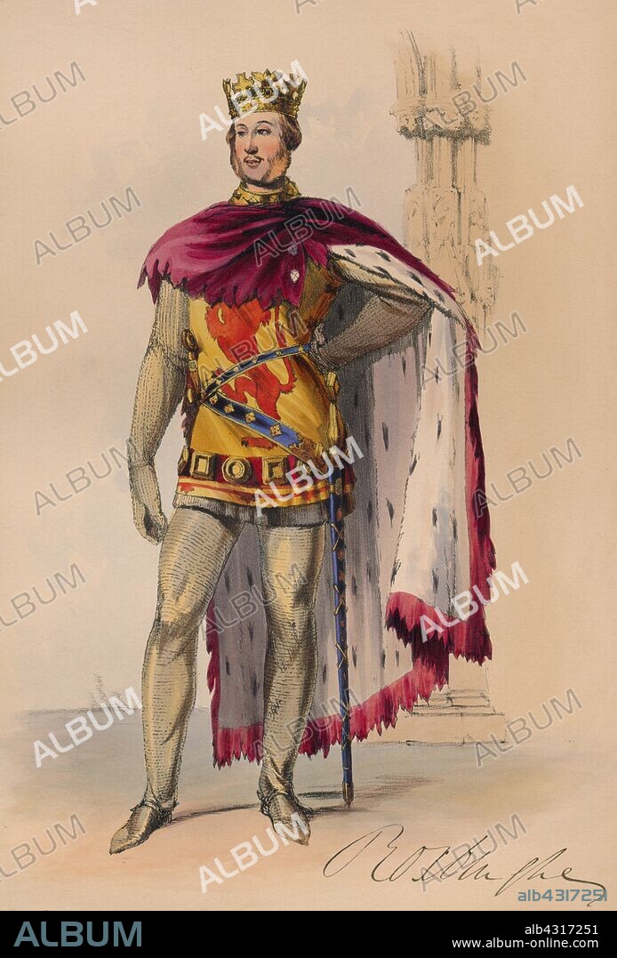 JOHN RICHARD COKE SMYTH. James Innes-Ker in Plantagenet costume for Queen Victoria's Bal Costume, May 12 1842, (1843). British peer James Innes-Ker, 6th Duke of Roxburghe (1816-1879) in chain mail and crown. Members of the Royal Household were expected to wear dress of the Plantagenet period (c1154-1485), although other guests could wear costumes of their own choosing. The costumes were designed under the supervision of James Robinson Planché and were specifically intended to give work to the declining Spitalfields silk industry. The ball of 1842, held at Buckingham Palace in London, was the first of three costume balls held by Queen Victoria and Albert, Prince Consort. The second, on 6 June 1845, was in early Georgian dress, while the third, on 13 June 1851, was in the style of the Restoration. From "Souvenir of the Bal Costumé, given by H.M. Queen Victoria at Buckingham Palace, May 12, 1842 / drawings from the original dresses by Coke Smyth; letterpress by J.R. Planche", 1843. [Paul & Dominic Colnaghi & Co, London, 1843].