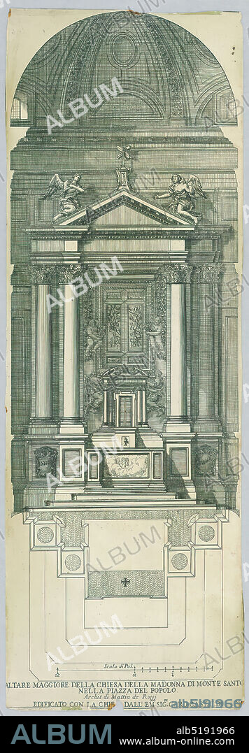 Plan and Elevation for the Major Altar of the Church of Santa Maria di Montesanto in the Piazza del Popolo, Engraving, brush and blue wash on paper, Plan and Elevation for the Major Altar of the Church of Santa Maria di Montesanto in the Piazza del Popolo, Italy, ca. 16621675, Print, Print.