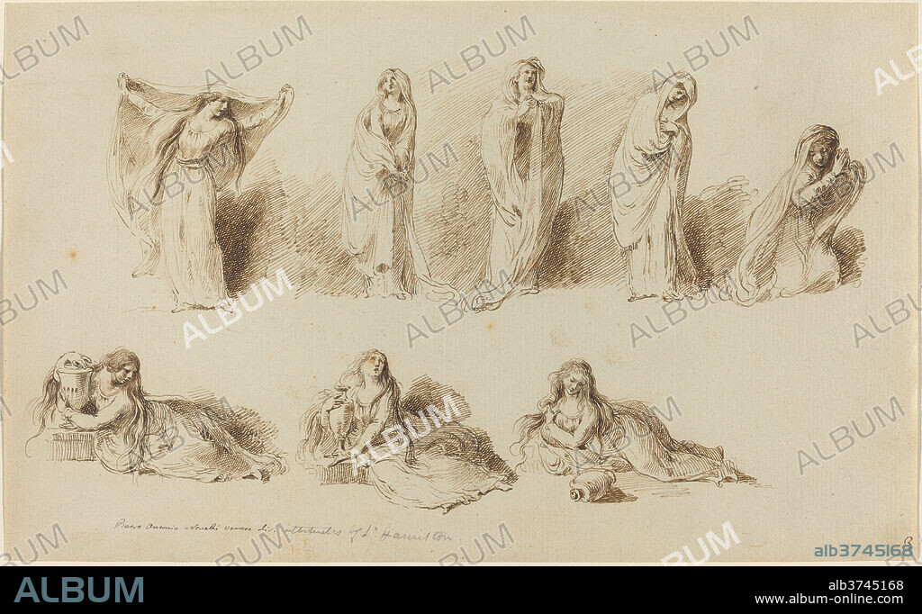 PIETRO ANTONIO NOVELLI. The Attitudes of Lady Hamilton. Dimensions: overall: 19.7 x 32.2 cm (7 3/4 x 12 11/16 in.). Medium: pen and brown ink on laid paper.