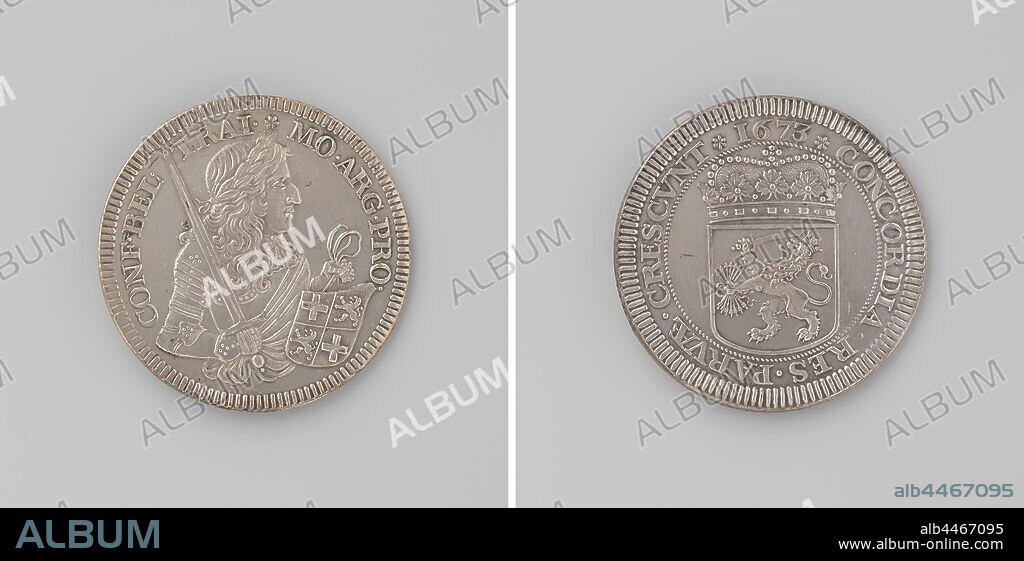 William III, Prince of Orange-Nassau, test battle of a government thaler, beaten after the French left the city, Silver Medal. Obverse: man's bust piece with laurel wreath with sword and coat of arms inscription in hand. Reverse: crowned coat of arms within a circle, Utrecht, Amsterdam, Willem III (Prince of Orange and King of England, Scotland and Ireland), Dirk Bosch (attributed to), 1673, silver (metal), striking (metalworking), d 4.2 cm × w 28.13 gr.
