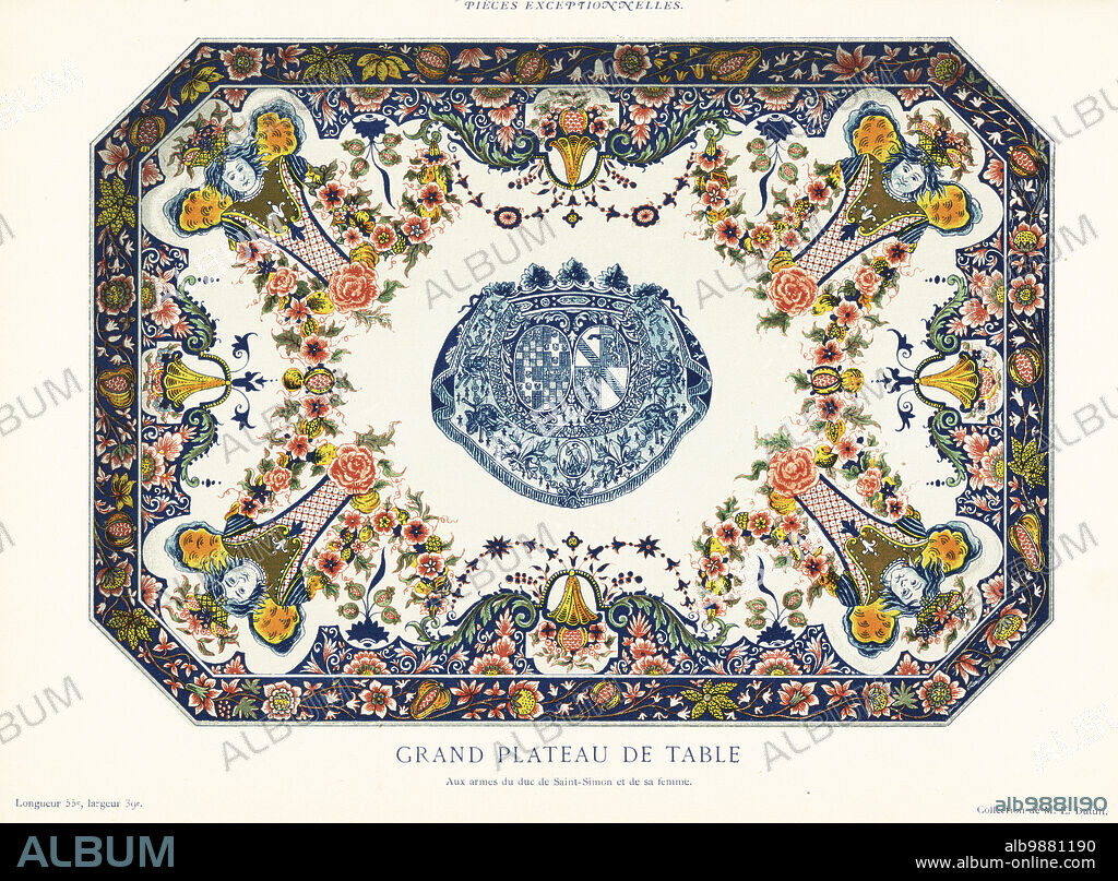 Grand platter for the table. With the coats of arms of Louis de Rouvroy and his wife Marie Gabrielle de Durfort. Grand plateau de table. Aux armes du Duc de Saint-Simon et de sa femme. Chromolithograph after an illustration by Emilie Pottier from Andre Pottier's Histoire de la Faience de Rouen, Auguste le Brument, Rouen, 1870.
