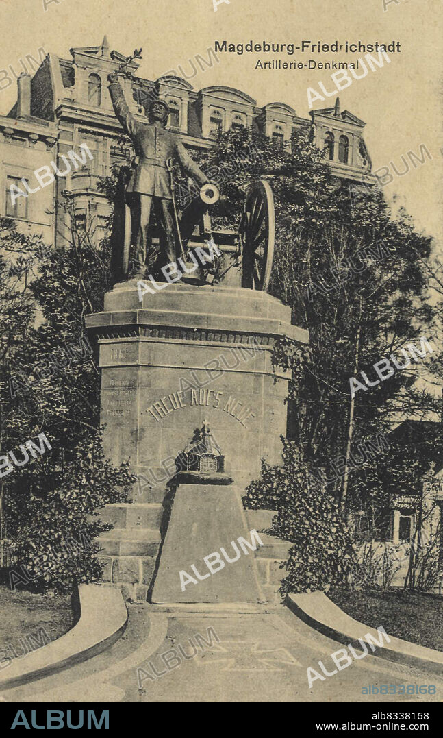 Artillerie Denkmal in Magdeburg Friedrichstadt, Sachsen-Anhalt, Deutschland, Ansicht um ca 1910, digitale Reproduktion einer historischen Postkarte, public domain, aus der damaligen Zeit, genaues Datum unbekannt.