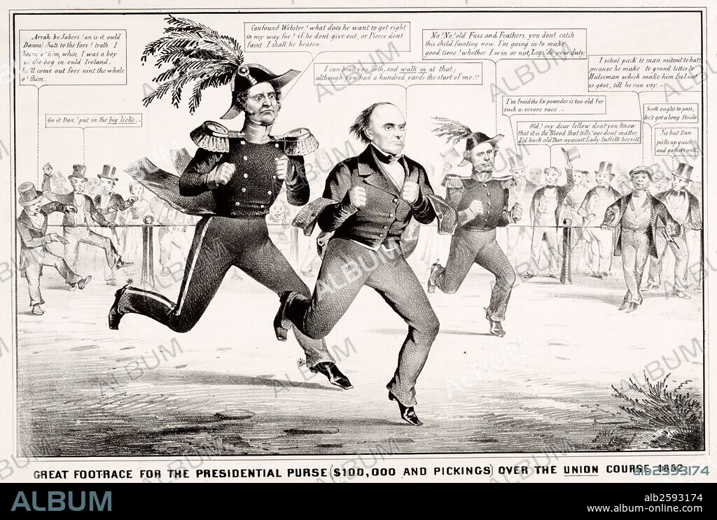The great footrace for the presidential purse (100,000 and picking) over the Union Course' Satire on the presidential election of 1852, showing Winfield Scott, Daniel Webster, and Franklin Pierce competing in a footrace before a crowd of onlookers for a $100,000 prize (the four-year salary for a president) and "pickings." In the lead is Webster, who exclaims, "I can beat you both, and "walk in" at that although you had a hundred yards the start of me!!" Denied the Whig nomination in June, Webster was later persuaded to run as an independent candidate.