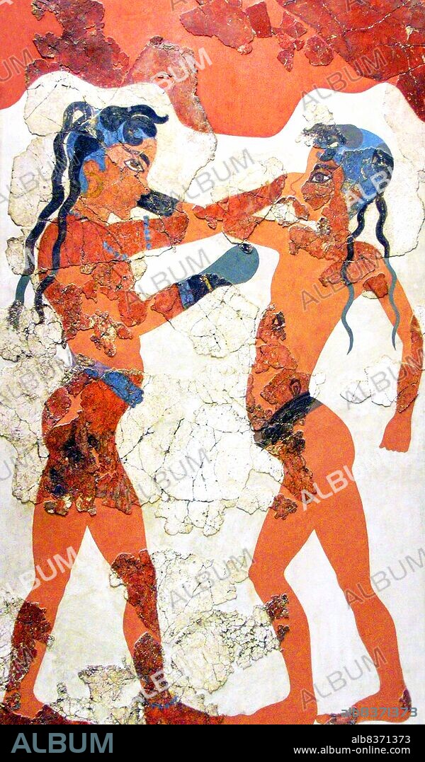 Young Boxers Fresco, Akrotiri. This fresco depicts two boys wearing a belt and boxing gloves - the first documented use of gloves in boxing. Their heads are shaved, except for two long locks on the back, and two shorter locks on the forehead. Their dark skin indicates their gender.<br/><br/>. The boy at left is more reserved, and wears jewelry (bracelets, necklace) which indicates high social status. Fresco by the same artist as that of the Antelopes Fresco. Akrotiri Room B1, building B.