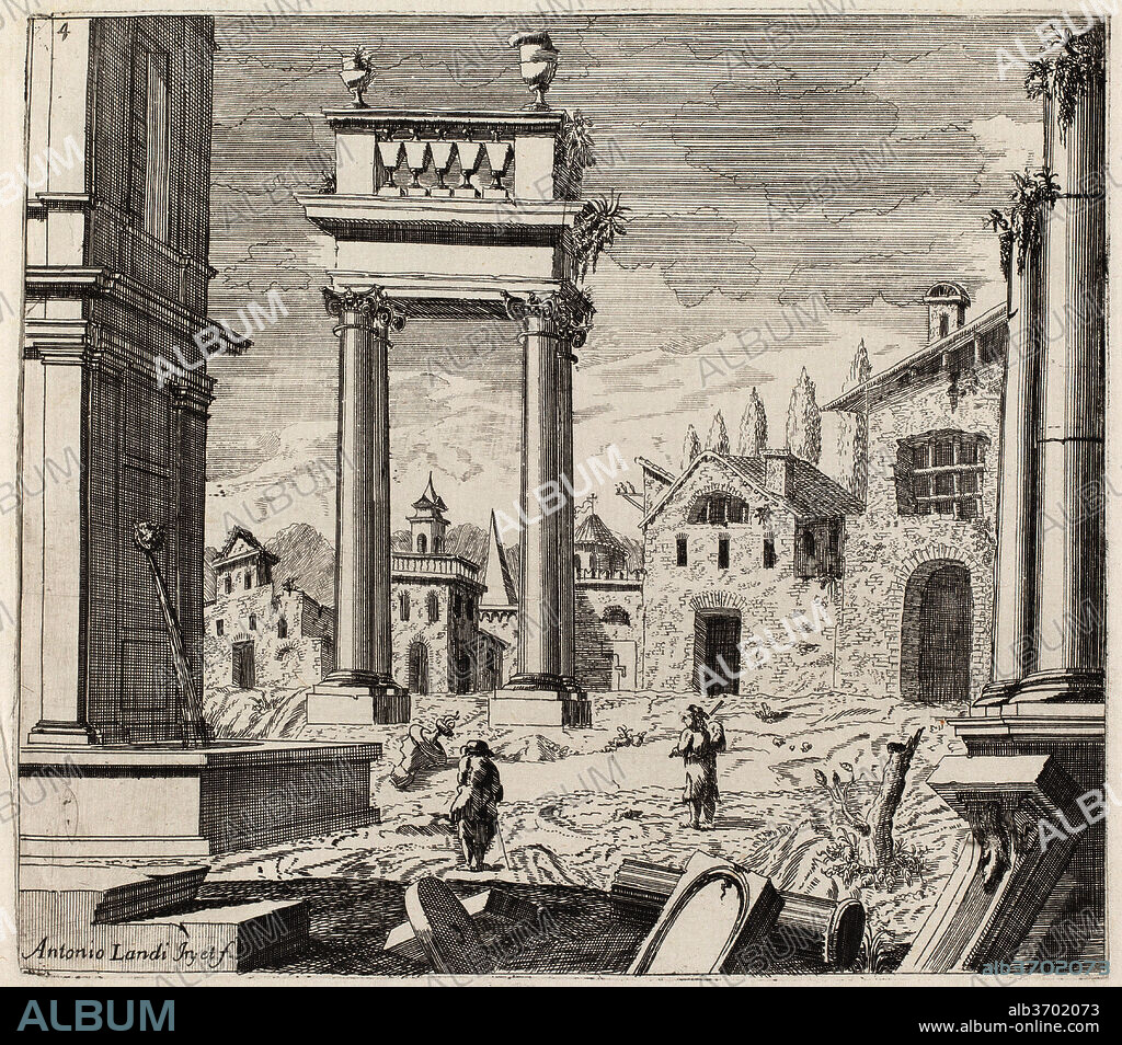 GIUSEPPE ANTONIO LANDI. Architectural Fantasy with Classical Ruins and Vernacular Buildings. Dated: before 1753. Dimensions: plate: 16.1 x 18.2 cm (6 5/16 x 7 3/16 in.)  sheet: 23.9 x 34 cm (9 7/16 x 13 3/8 in.). Medium: etching and engraving on laid paper.