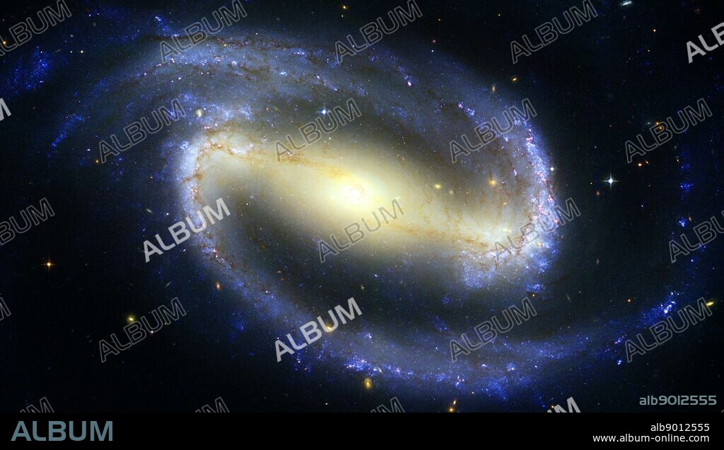 The Hubble telescope captured a display of starlight, glowing gas, and silhouetted dark clouds of interstellar dust in this 4-foot-by-8-foot image of the barred spiral galaxy NGC 1300. NGC 1300 is considered to be prototypical of barred spiral galaxies. Barred spirals differ from normal spiral galaxies in that the arms of the galaxy do not spiral all the way into the center, but are connected to the two ends of a straight bar of stars containing the nucleus at its center. The image was constructed from exposures taken in September 2004 by the Advanced Camera for Surveys onboard Hubble in four filters. Starlight and dust are seen in blue, visible, and infrared light. The galaxy lies roughly 69 million light-years away (21 megaparsecs) in the direction of the constellation Eridanus.