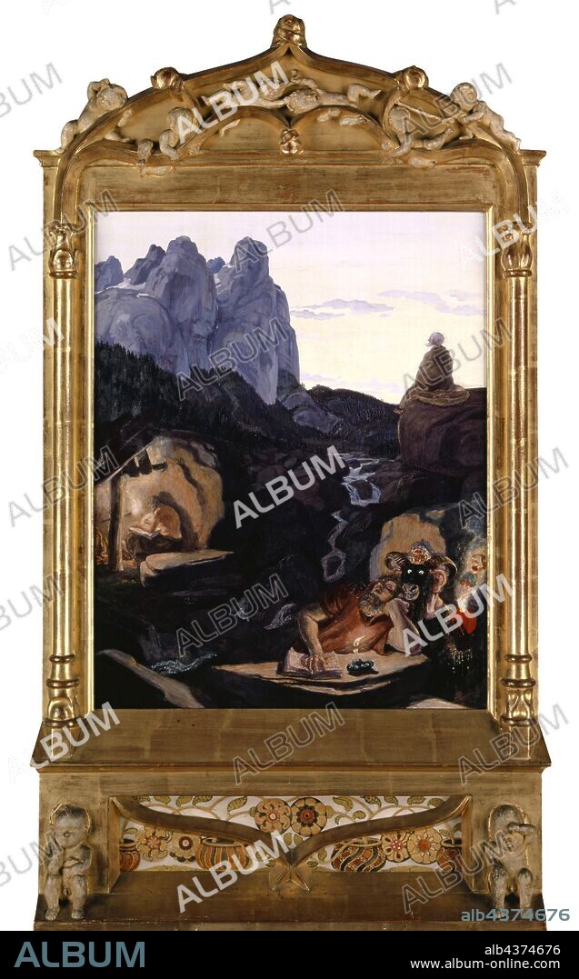 ALBERT J WELTI. The Three Hermits, 1907-1908, oil on lime wood, 57 x 45.5 cm, signed and dated lower left: Albert Welti, 1907-1908, Albert Welti, Zürich 1862–1912 Bern.