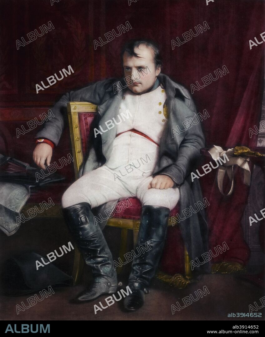'Napoleon at Fontainebleau During the First Abdication - 31 March 1814', (1845). The invasion of France by the Allies culminated in Napoleon's abdication of 11 April. By the Treaty of Fontainebleau he was exiled and granted sovereignty of the island of Elba.
