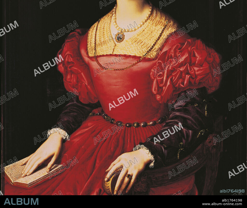 Portrait of Lucrezia Panciatichi, by Angelo (or Agnolo) Allori known as Bronzino, 1540-1546 about, 16th Century, oil on panel, cm 102 x 85. Italy, Tuscany, Florence, Uffizi Gallery. In the Gallery collections since 1704. Detail. Lucrezia Panciatichi dress cloth red belt carved stones ring book hand neckline chain pendent pearls curling. Authorization required for non editorial use.