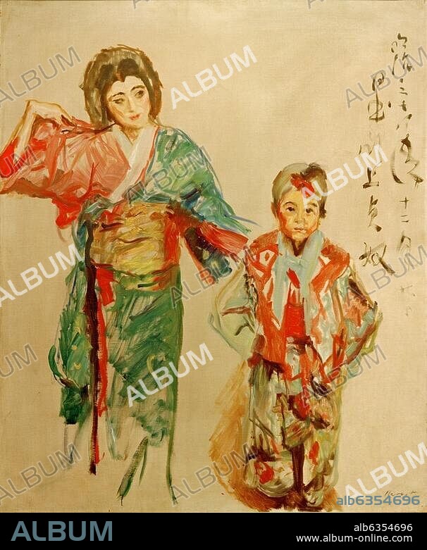 Sada Yacco (also: Sadayakko or Kawakami Sadayakko), Japanese geisha, actress and dancer, 1871-1946. "Portrait of Sada Yacco with Japanese child" (Porträt der Sada Yakko mit japanischem Kind). Painting, 1906, by Max Slevogt (1868-1932). Oil on canvas, 131.2 × 110.2cm. GR 1.932. Collection Dr. Gustav Rau.