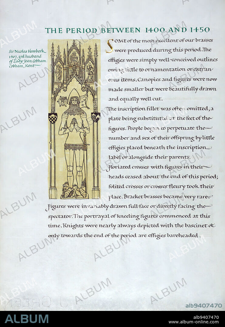English Brasses, Illustration of Sir Nicolas Hawberk, 1407, 3rd husband of Lady Joan Cobham, Cobham, Kent, John Woodcock, a twentieth-century calligrapher, hand wrote, illustrated, and bound this book on English Brasses. The manuscript contains drawings of brass rubbings of many knights and nobles, including Sir John d'Abernon, Thomas de Hope, and Nichol de Gore, as well as noble women such as the wives of Reginald de Malyns, Nicholas Wadham, and Nicholas Wotton.