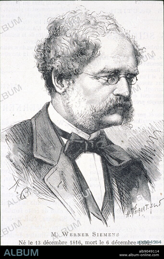 Ernst Werner von Siemens (1816 - 1892), German inventor and industrialist. Siemens's name has been adopted as the SI unit of electrical conductance, the siemens. He was also the founder of the electrical and telecommunications company Siemens.