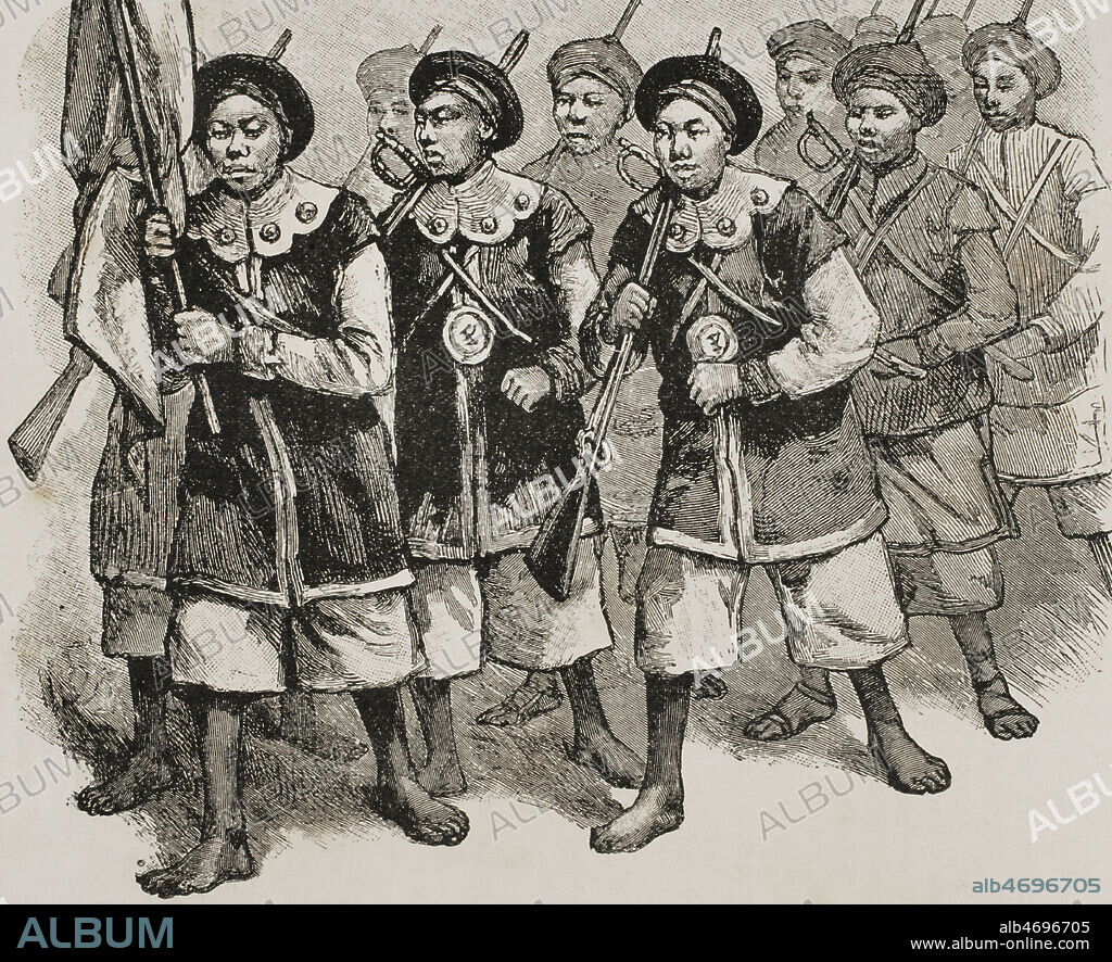 Sino-French War or Tonkin War (August 1884-April 1885). Confrontation between the Chinese army of the Qing dynasty and the French colonialist army for control of the Tonkin region (territory north of Vietnam). Preparations for the Chinese enlistment in Canton. Annamite soldiers. Engraving. La ilustración. Revista hispano-americana, 1884.