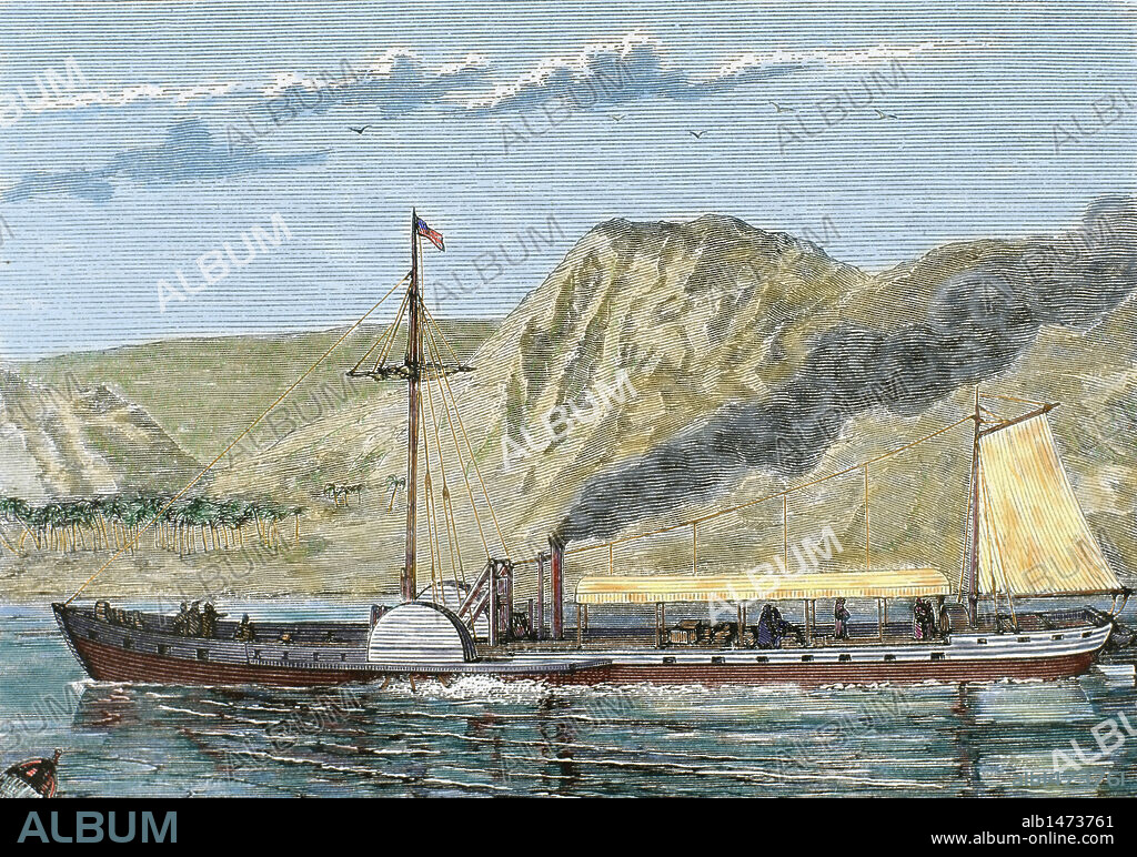 PRIMER BUQUE DE VAPOR DE FULTON. Construido por el ingeniero norteamericano Robert FULTON (1765-1815), que consiguió la propulsión de las naves por el vapor. Grabado coloreado del siglo XIX.