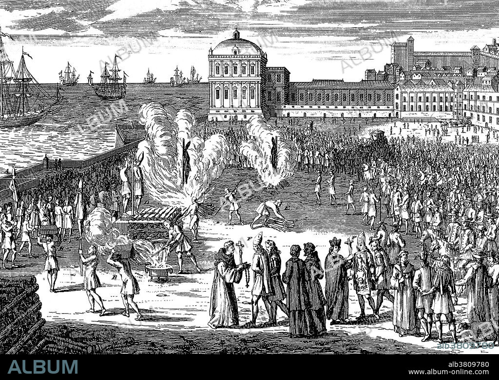 The execution of sentences by burning heretics on the stake in a market place. The Spanish Inquisition was established in 1480 by Catholic Monarchs Ferdinand II of Aragon and Isabella I. It was intended to maintain Catholic orthodoxy in their kingdoms and to replace the Medieval Inquisition, which was under Papal control. The Inquisition was originally intended primarily to ensure the orthodoxy of those who converted from Judaism and Islam. The regulation of the faith of the newly converted was intensified after the royal decrees issued in 1492 and 1502 ordering Jews and Muslims to convert or leave Spain. The Spanish Inquisition is often cited in popular literature and history as an example of Catholic intolerance and repression, and was not abolished until 1834, during the reign of Isabella II. Although records are incomplete, about 150,000 persons were charged with crimes by the Inquisition and about 3,000 were executed. Engraving by Bernard Picart, 1722.