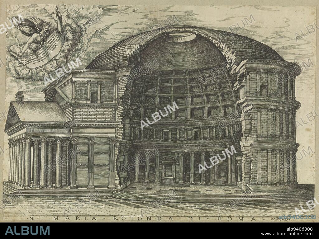 Pantheon at Rome, S. Maria Rotonda di Roma (title on object), View of the Patheon at Rome. Part of the exterior wall has been removed, offering a view into the interior. In the upper left, a woman in a toga floats on a cloud holding a banderole with text in Latin. The print is part of an album., print maker: anonymous, Italy, c. 1550 - c. 1650, paper, engraving, etching, height 385 mm × width 554 mm.
