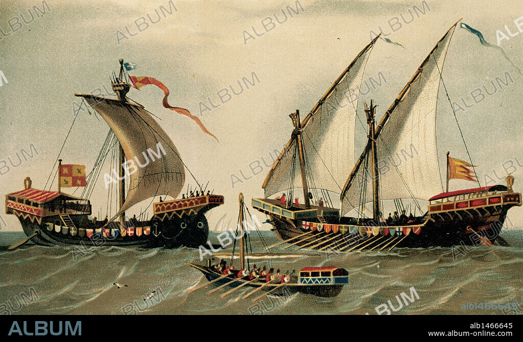 BARCOS DE VELA antiguos. Grabado en color. Biblioteca de Cataluña. Barcelona.