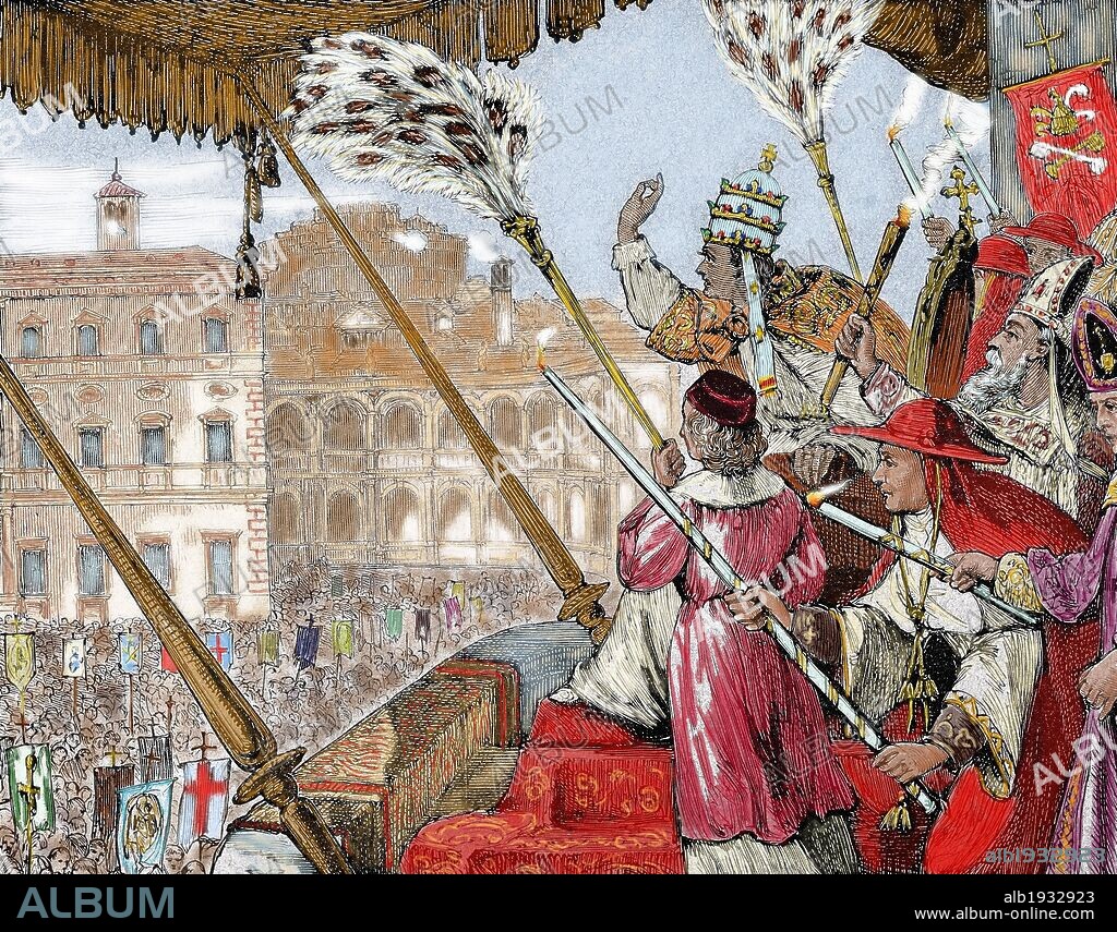Leo X (1475-1521). Florentine Pope (1513-21), named Giovanni de 'Medici. Son of Lorenzo de 'Medici, the Magnificent. Pope Leo X promulgates a Papal bull. Papal States. Colored engraving of "The Religious Revolution" (1880).