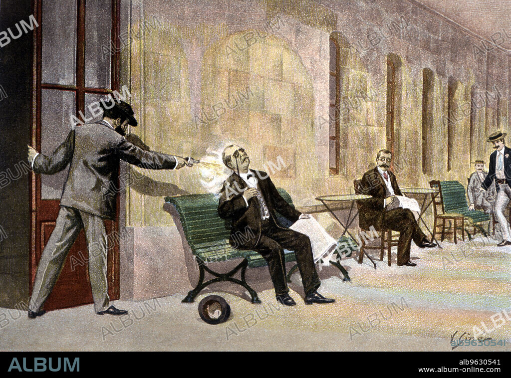 Murder of Antonio Canovas del Castillo in the Health Resort of Santa Agueda (Guipúzcoa), by the Italian anarchist Michele Angiolillo,  8 August 1897.