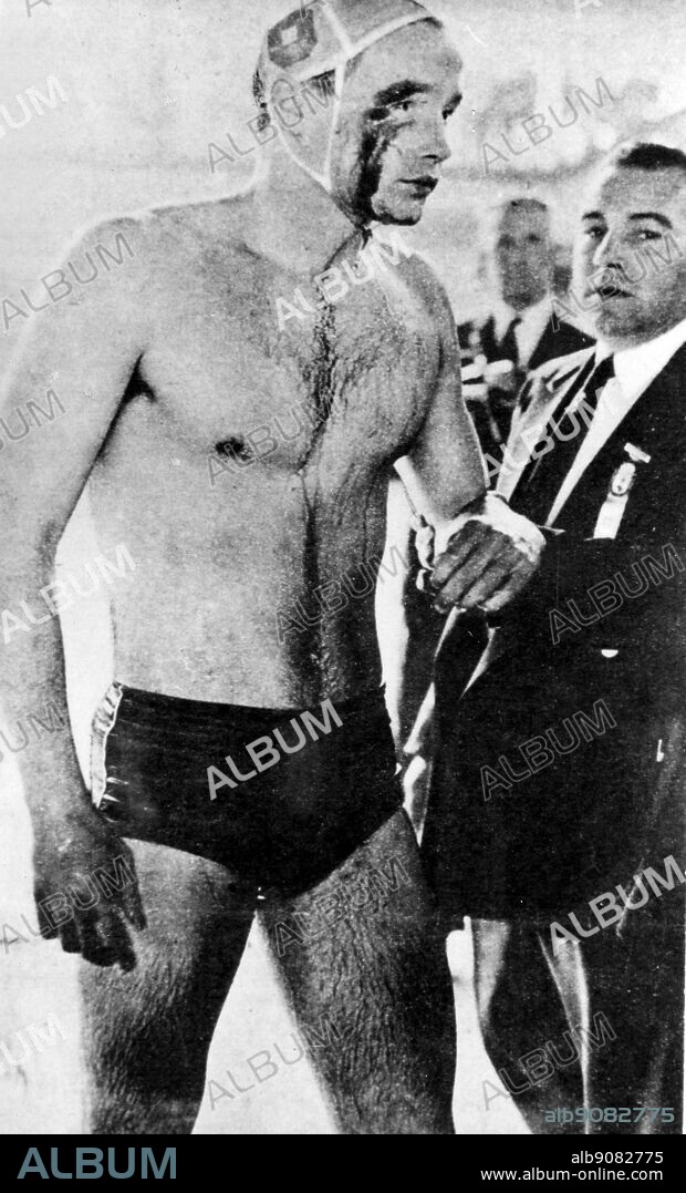 Aus., Melbourne, Olympics, 1956: Ervin Zador of the Hungarian water polo team leaves the water after his clash with USSR.