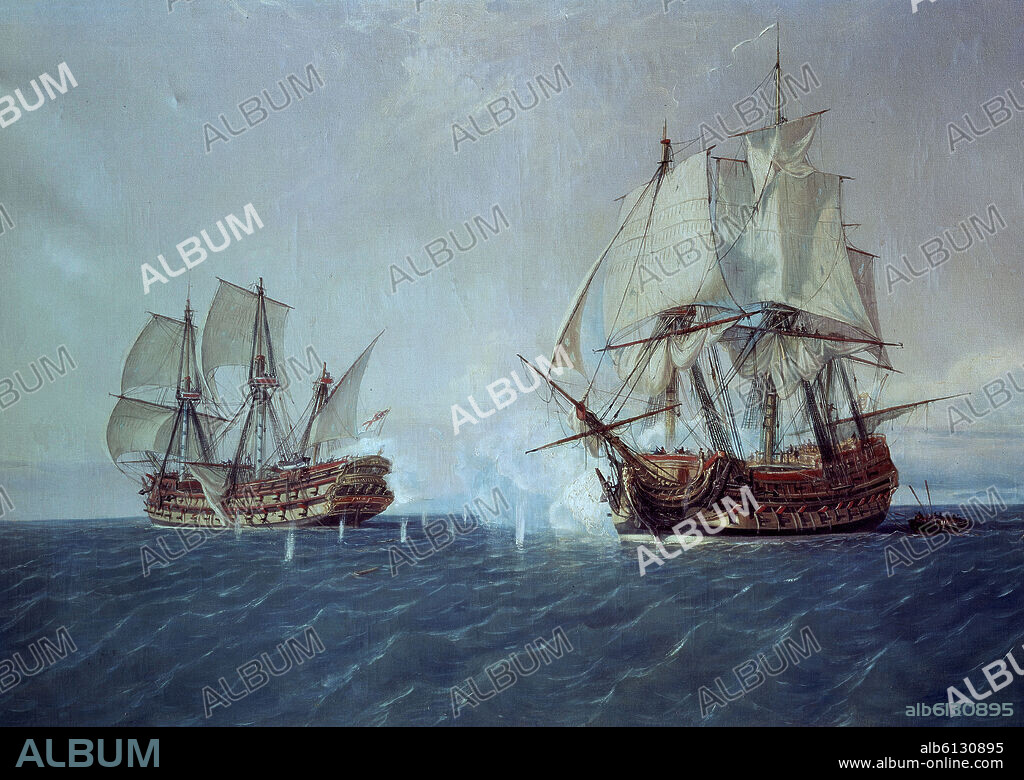 RAFAEL MONLEÓN. COMBATE ENTRE LOS NAVIOS CATALAN (60 CAÑONES) Y EL INGLES MARY (80) EN 1724 - PINTADO EN EL SIGLO XIX.