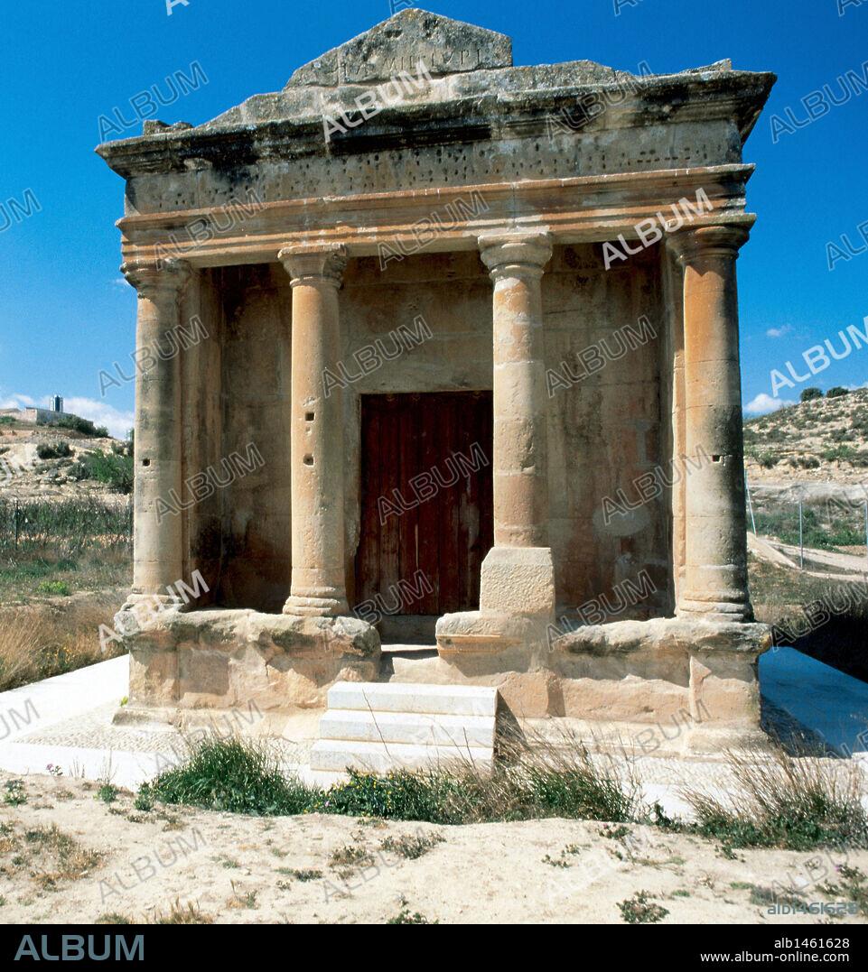 Roman mausoleum of Lucius Emilio Lupus. 2nd century AC. Main facade with four columns. Fabara. Aragon. Spain.