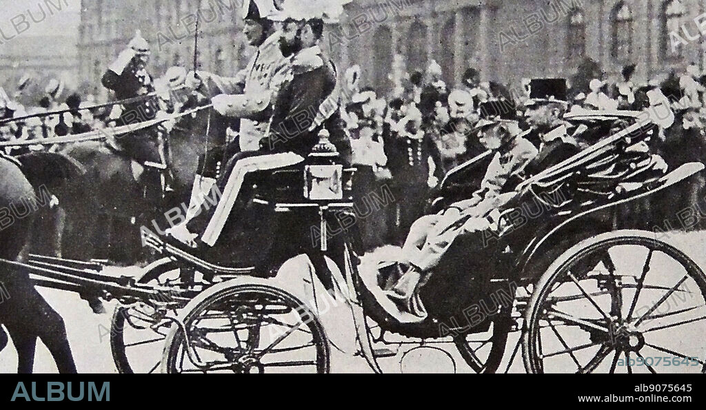 crowds line the streets for the funeral of Austrian archduke Franz Ferdinand after his assassination in 1914. The emperor Franz Joseph rides past with Crown prince Charles.