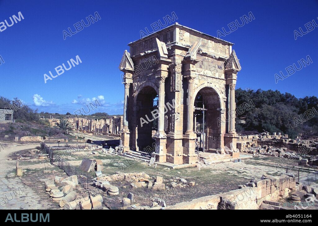 Arch of Septimius Severus, Leptis Magna, Libya. The Severan Arch was erected in honour of the visit to his home town in 203 AD of Libyan-born Roman emperor Severus (Lucius Septimius Severus) (146-211 AD).