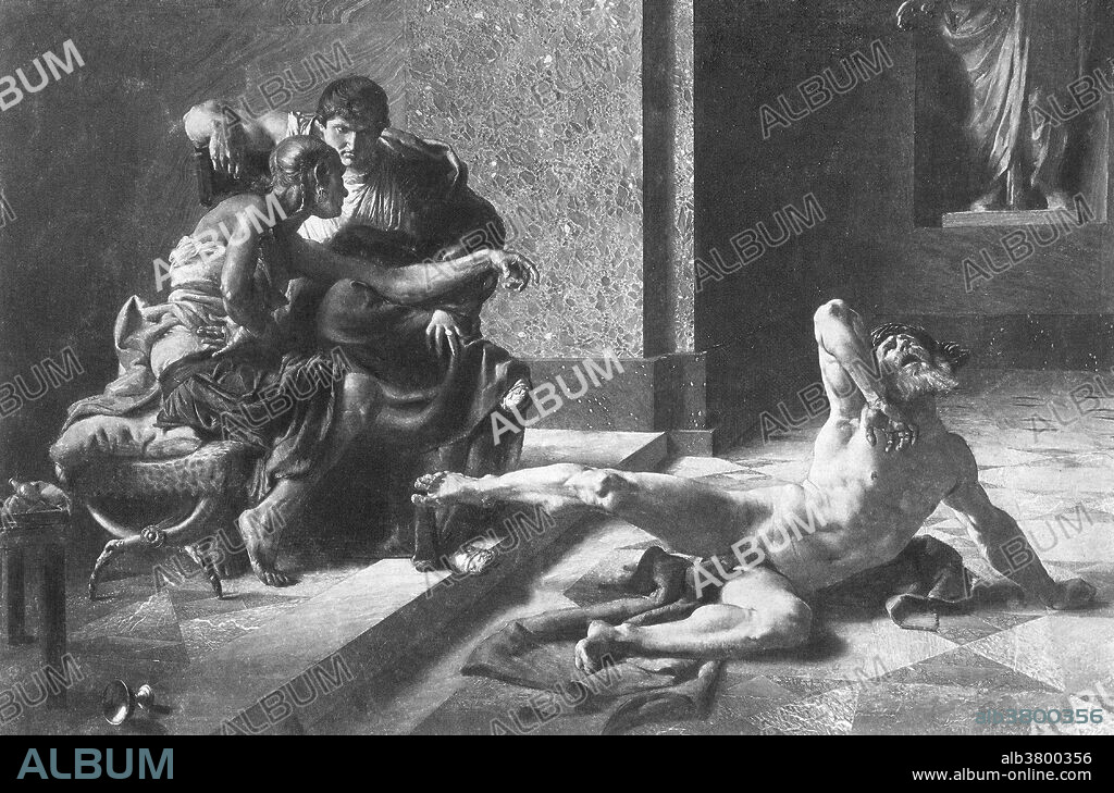 Locusta testing poison made for Britannicus on a slave while Nero watches. Locusta (or Lucusta) was notorious in Ancient Rome for her skill in concocting poisons. She poisoned for pleasure and for gain, eventually becoming one of the most preeminent poison masters in Rome. According to ancient historians, in 54 AD Locusta was hired by Agrippina the Younger to supply a poisoned dish of mushrooms for the murder of Emperor Claudius. In 55 AD, she was convicted of poisoning another victim, but Nero rescued her from execution and in return called upon her to supply poison to murder Britannicus. Nero rewarded her with a vast estate and sent pupils to her. When Nero fled Rome, he acquired poison from Locusta for his own use, but ultimately died by other means. After Nero's suicide, Locusta was condemned to die by the emperor Galba during his brief reign. According to ancient texts she was "led in chains through the whole city and then to be executed". Artwork by Joseph-NoÃ«l Sylvestre.