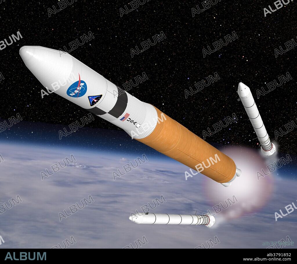 A concept image shows the Ares V cargo launch vehicle. The heavy-lifting Ares V is NASA's primary vessel for safe, reliable delivery of large-scale hardware to space. This includes the lunar lander, materials for establishing a permanent moon base, and the vehicles and hardware needed to extend a human presence beyond Earth orbit. Ares V can carry approximately 290,000 pounds to low Earth orbit and 144,000 pounds to lunar orbit.