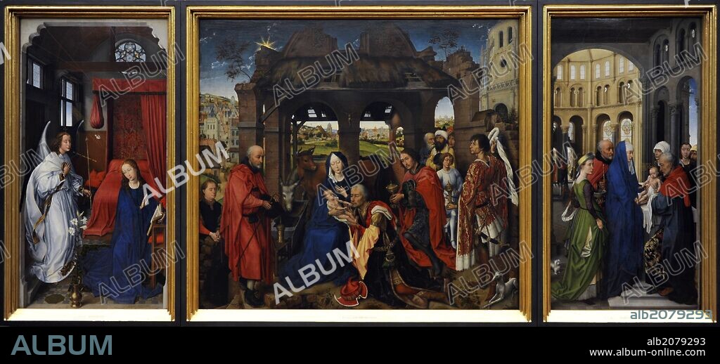 ARTE GOTICO. FLANDES. Rogier van der Weyden (1399/1400-1464). Pintor más célebre de la escuela flamenca en el período gótico. También se le conoce como Roger de la Pasture o Rogier du Pasture. " El Tríptico del altar de Santa Columba". Retablo pintado al óleo sobre tabla, hacia el 1455, para la Iglesia de la Santa Columba de Colonia. Tabla central: Adoración de los Reyes Magos. Paneles laterales: La Anunciación (izquierda). Presentación de Jesús en el Templo (derecha). Alte Pinakothek (Pinacoteca Antigua). Munich. Alemania. Europa.