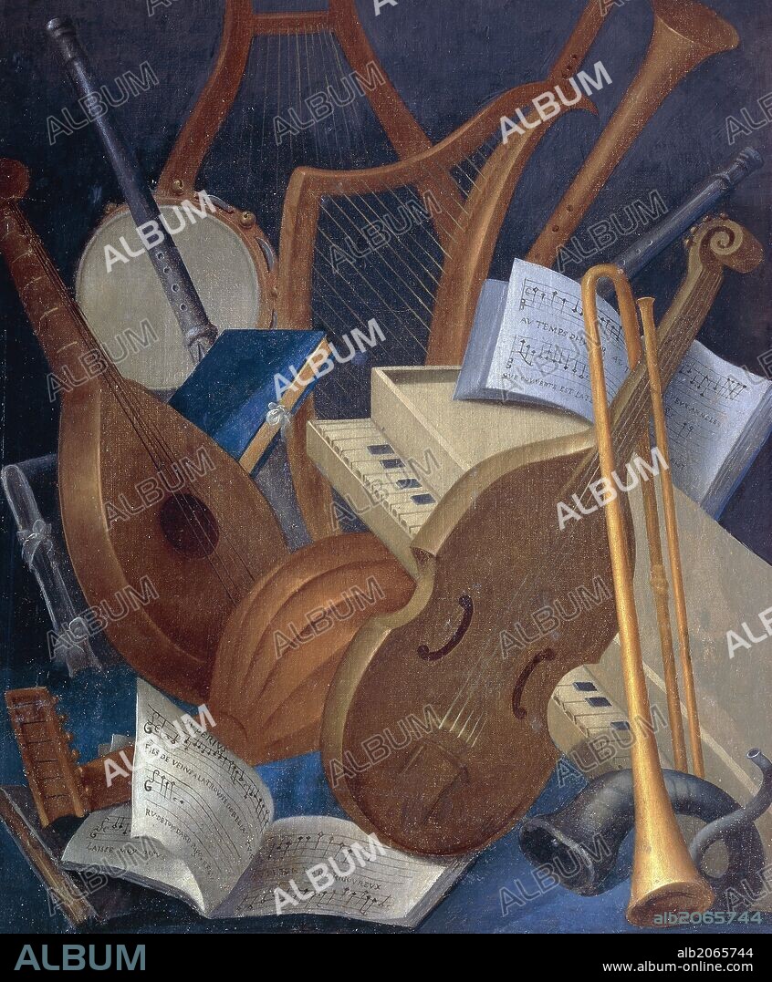 Musical instruments, detail from Allegory of Music, panel painting by Jean Mosnier (1600-1656). Beauregard Castle, Loir-et-Cher, France.