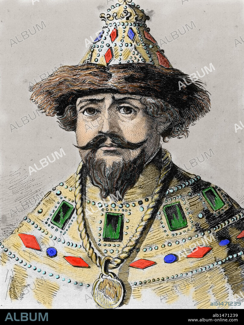 MIGUEL I (Mijail Fiodorovich Romanov), (1596-Moscú, 1645). Zar de Rusia de 1613 a 1645. Primero de la dinastía Romanov. Instituyó la adscripción del campesino a la tierra. Grabado coloreado del s. XIX.