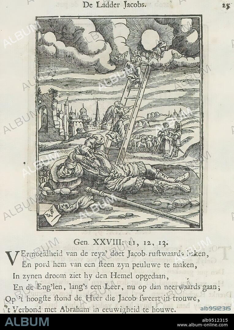 Jacob's Ladder, The Ladder Jacobs (title on object), Jacob lies asleep against a stone and dreams of a ladder reaching into heaven, along which angels ascend and descend. At the top of the ladder God the Father was originally visible. Above the representation is a title. Below it are six verses and a reference to Genesis 28:11-13. The print is part of an album., print maker: Christoffel van Sichem (II), (mentioned on object), print maker: Christoffel van Sichem (III), (mentioned on object), publisher: Jan Klooster, Amsterdam, 1645 - 1656 and/or 1740, paper, letterpress printing, height 108 mm × width 84 mm, height 168 mm × width 128 mm.