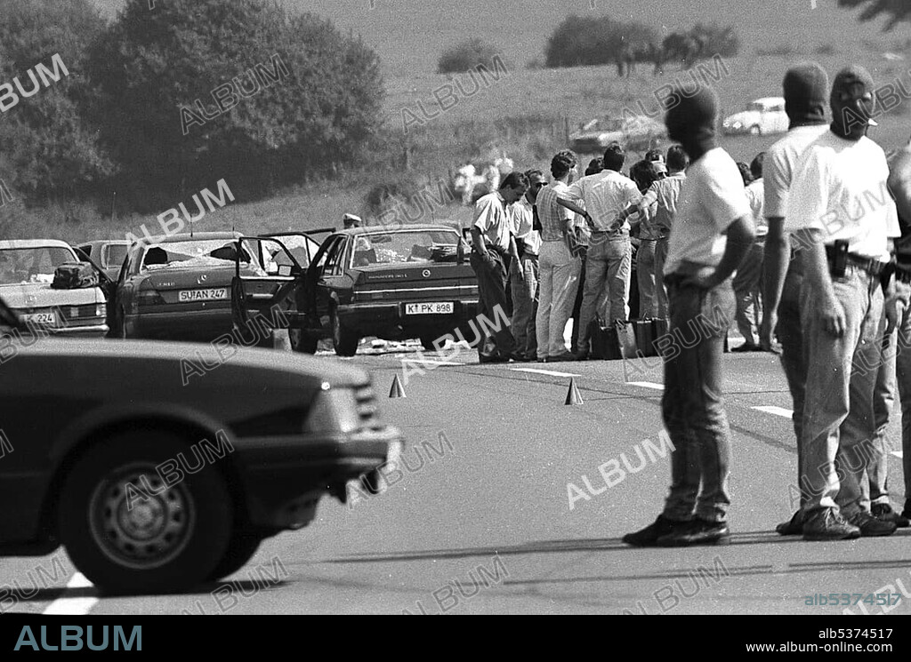 After a hostage taking in Gladbeck, a special police task force tried to overpower the kidnappers with armed force, during this police operation, Hans-Juergen Roesner shot dead the hostage Silke Bischoff and wounded her friend Ines Voitl with a grazing shot, near Bad Honnef, North Rhine-Westphalia, Germany, Europe