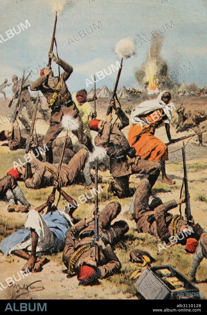 War of Libya or Italo-Turkish War (1911-1912). Conflict between the Ottoman Empire and the Kingdom of Italy. Turkish soldiers fired in the air to take down the Italian aviation. Engraving of La Domenica del Corriere, Italy.