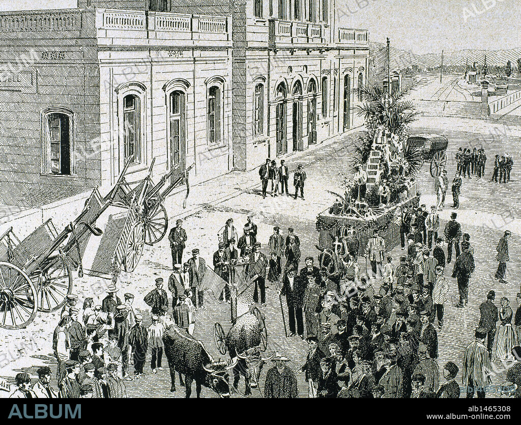 HISTORIA DE ESPAÑA. SIGLO XIX. CATALUÑA. SABADELL (provincia de Barcelona). CABALGATA AGRICOLA DE SABADELL. Dibujo de Passos. La Ilustración Española y Americana, 1877.