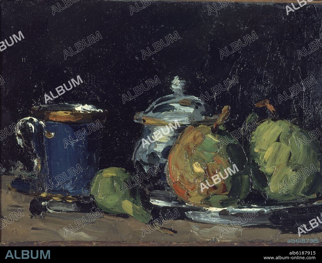 PAUL CEZANNE. 'Sugar Bowl, Pears and Blue Cup', ca. 1866, Oil on canvas, 30 x 41 cm.