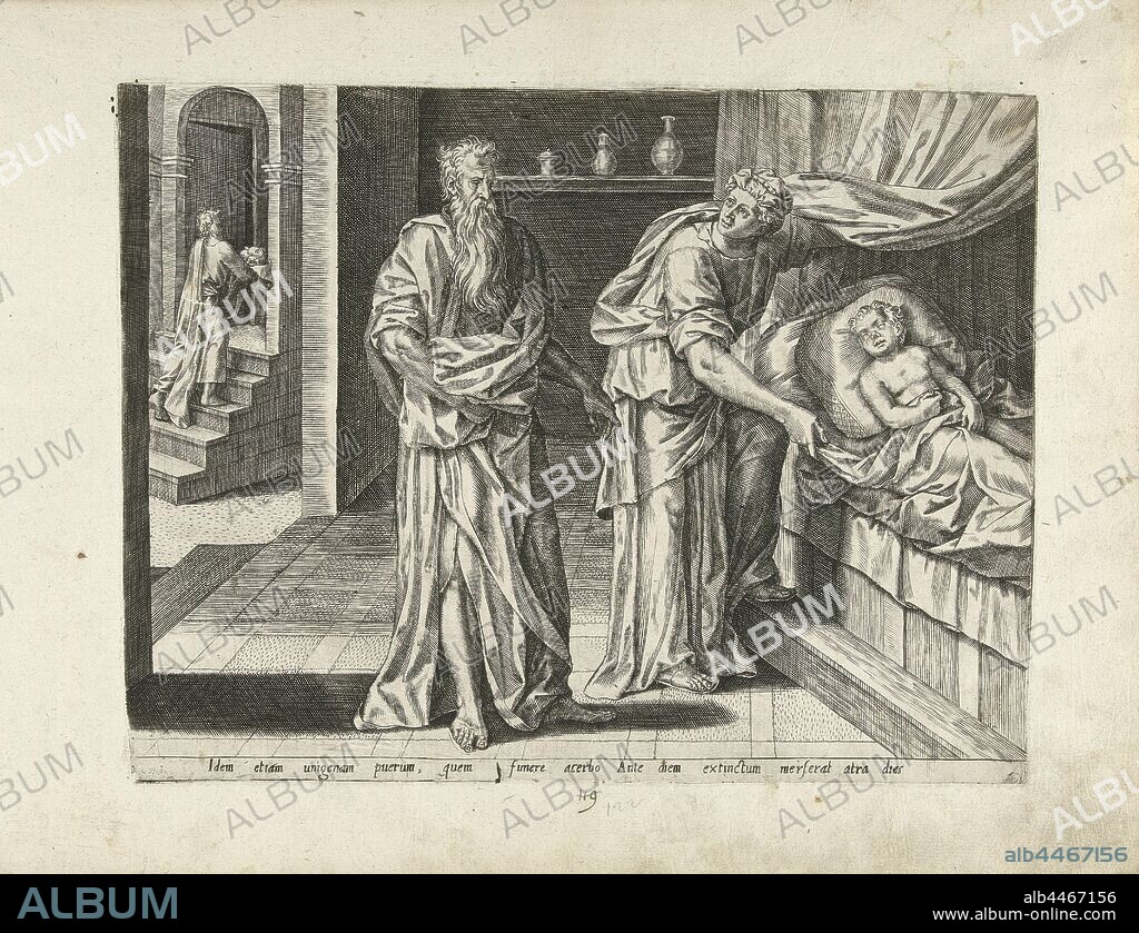 Elia takes care of the deceased son of the widow of Sarefat. The deceased son of the widow of Sarefat is lying in bed. The widow is standing by the sick bed and looks reproachfully at Elijah, who is in her room with her. Below the show is a line of text in Latin., The son of the widow or Zarephath falls mortally ill, Pieter Jalhea Furnius, 1550 - 1625, paper, engraving, h 211 mm × w 279 mm.