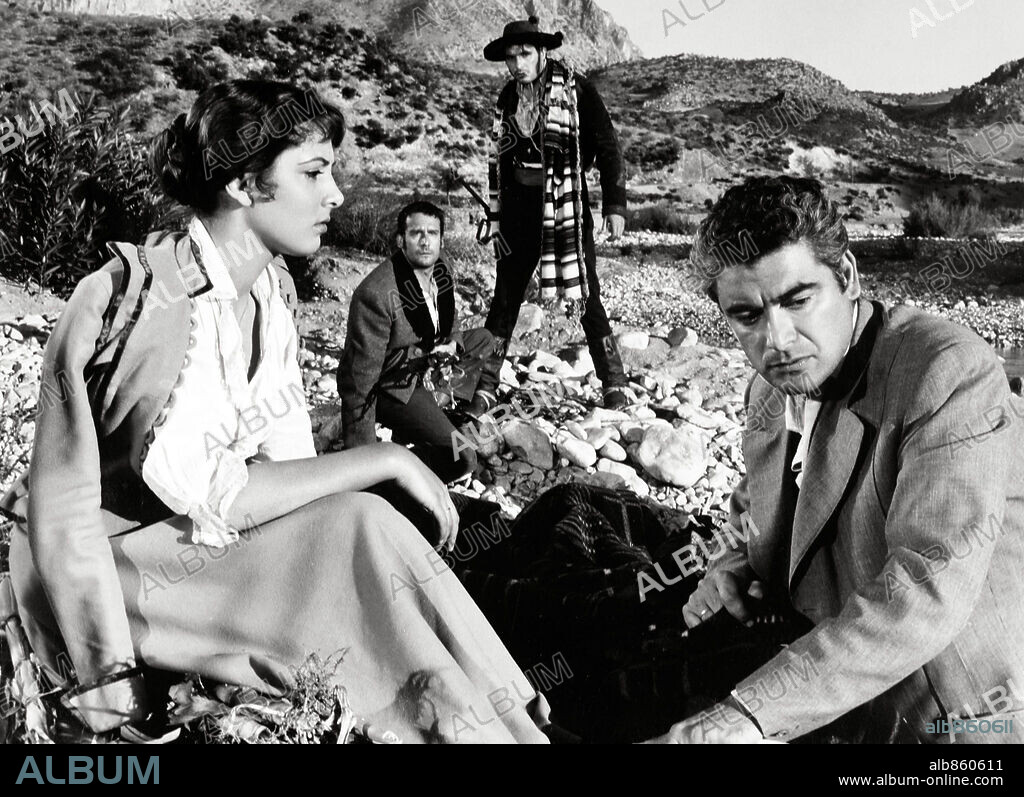 ALBERTO FARNESSE, FRANCISCO RABAL, LUIS PEÑA and LUISELLA BONI in WHOM GOD FORGIVES, 1957 (AMANECER EN PUERTA OSCURA), directed by JOSE MARIA FORQUE. Copyright ATENEA FILMS-ESTELA FILMS.