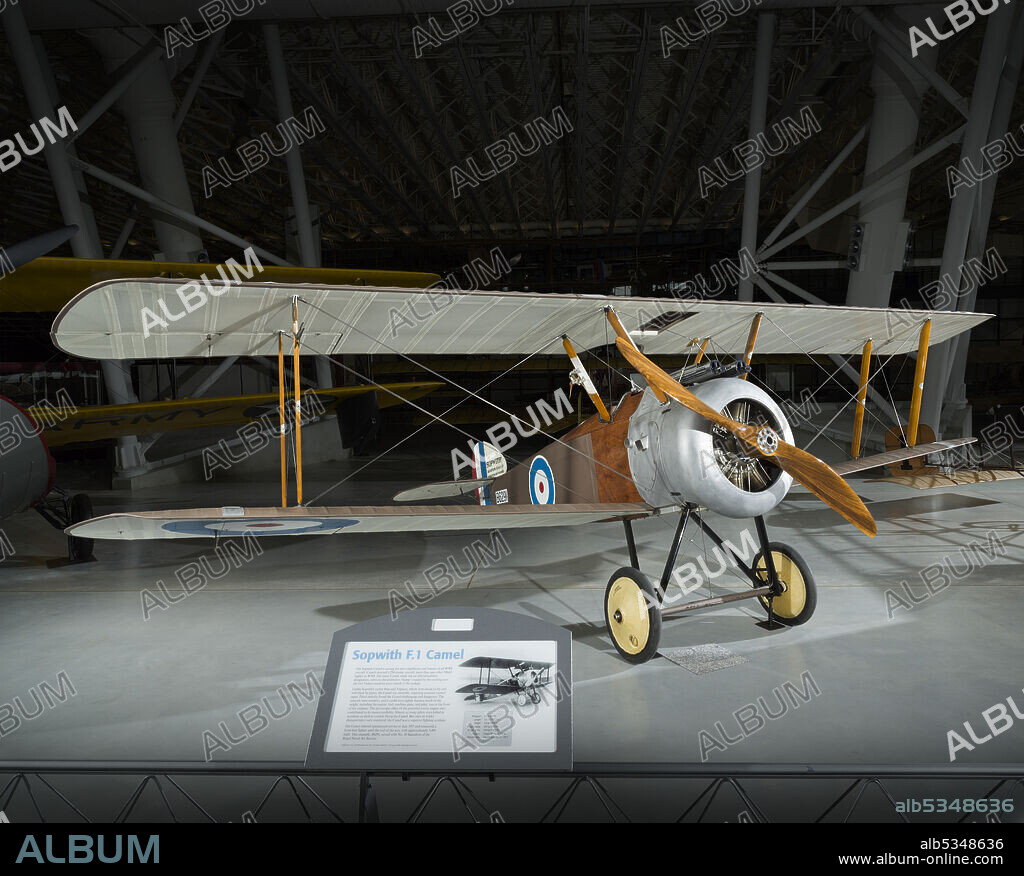 SOPWITH AVIATION COMPANY. Single engine, single-seat, WWI biplane fighter, with 130 HP Clerget 9B rotary engine. The Sopwith Camel is among the most significant and famous of all WWI aircraft. Camels downed 1,294 enemy aircraft, more than any other Allied fighter in WWI. The cowling over the two Vickers machine guns ahead of the cockpit created a distinctive “hump,” making the name Camel a natural choice, although it was never an official military designation. Unlike the earlier Sopwith Pup and Sopwith Triplane, which were docile to fly and well-liked by pilots, the Camel was unstable, requiring constant input from the pilot. The gyroscopic effects of its powerful rotary engine made it dangerous for novice pilots, and almost as many were killed in accidents as died in combat. But its instability also contributed to it being agile and maneuverable, and once its tricky characteristics were mastered, the Camel was a superior fighting airplane. The Camel entered operational service in July 1917 and remained a front-line fighter until the end of the war, with approximately 5,490 built. This example, B6291, served with No. 10 Squadron of the Royal Naval Air Service.