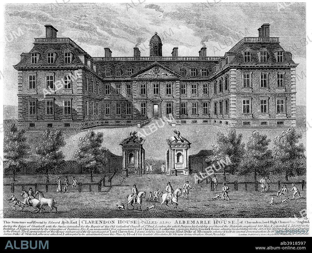 Clarendon House, Piccadilly, 17th century, (1908). The house, also known as Albemarle House, was built during the reign of Charles II by Edward Hyde, Earl of Clarendon, Lord High Chancellor of England. A print from The Private Palaces of London by E Beresford Chancellor, (Kegan Paul, Trench, Trubner and Co, London, 1908).