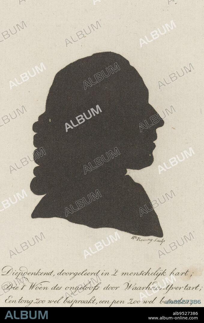 Silhouette portrait of Jacques van Loo, pastor in Ootmarsum The portrait was made on the occasion of his death Below the portrait a poem, Portrait of Jacques van Loo, print maker: Hendrik Roosing, (mentioned on object), Rotterdam, 1799, paper, engraving, h 200 mm × w 127 mm.