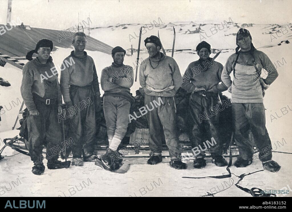 'Lieut. Campbell's Party on their Return to Cape Evans', 7 November 1912, (1913). Northern party on arrival at Cape Evans, with laden sledge. Petty Officer George Abbot, Able seaman Harry Dickason, Petty officer Frank Browning, geologist Raymond Priestley, Lieutenant Victor Campbell and surgeon George Murray Levick were forced to overwinter in a cramped ice cave when pack ice prevented the Terra Nova from picking them up. The final expedition of British Antarctic explorer Captain Robert Falcon Scott (1868-1912) left London on 1 June 1910 bound for the South Pole. The Terra Nova Expedition, officially the British Antarctic Expedition (1910-1913), included a geologist, a zoologist, a surgeon, a photographer, an engineer, a ski expert, a meteorologist and a physicist among others. Scott wished to continue the scientific work that he had begun when leading the Discovery Expedition to the Antarctic in 1901-04. He also wanted to be the first to reach the geographic South Pole. Scott, accompanied by Dr Edward Wilson, Captain Lawrence Oates, Lieutenant Henry Bowers and Petty Officer Edgar Evans, reached the Pole on 17 January 1912, only to find that the Norwegian expedition under Amundsen had beaten them to their objective by a month. Delayed by blizzards, and running out of supplies, Scott and the remainder of his team died at the end of March. Their bodies and diaries were found eight months later. From Scott's Last Expedition, Volume II. [Smith, Elder & Co., London, 1913].
