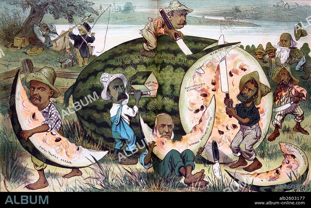 A free feast for the congressional coloured boys, they are all after a slice' Print shows several legislators slicing up a large watermelon labelled "River and Harbour Bill" in an effort to carry off a share for themselves, while Chester A. Arthur sleeps in the shade of a tree in the background. George G. Vest carries off a slice labelled "Pistol-Pocket Harbour", James D. Cameron has carved out a small chunk labelled "Washy Washy Creek", Elbridge G. Lapham is eating a slice labelled "Gowanus Back-Water Gutter", a slice labelled "Blue-Grass Brook" is at the feet of James B. Beck, as he and Warner Miller work at cutting slices labelled "Wood-Pulp Puddle" and "Skatchekoosis Stream-let", Lucius Q. C. Lamar and Joseph E. Brown approach from the background, with large knives.