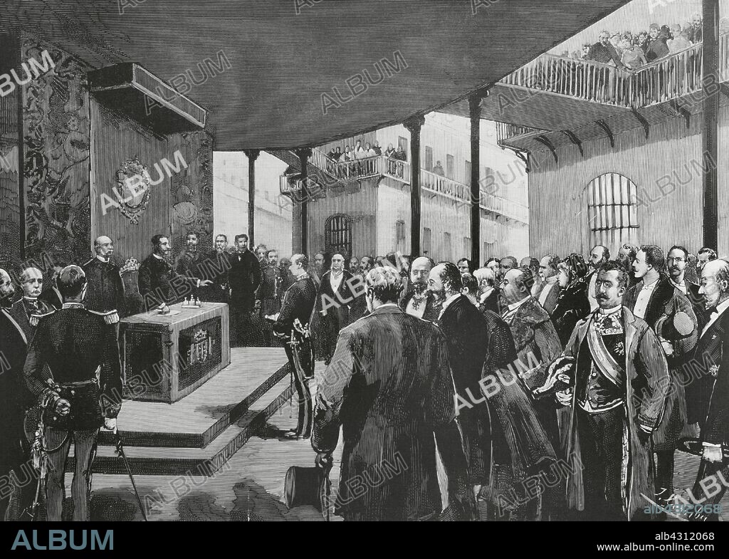 España. Madrid. Inauguración de la Cárcel Modelo. El rey Alfonso XII contestando al discurso del Sr. Ministro de la Gobernación, concede indulto a los penados que han trabajado en las obras. Dibujo del natural por Juan Comba. Grabado por Bernardo Rico (1825-1894). La Ilustración Española y Americana, 30 de diciembre de 1883.