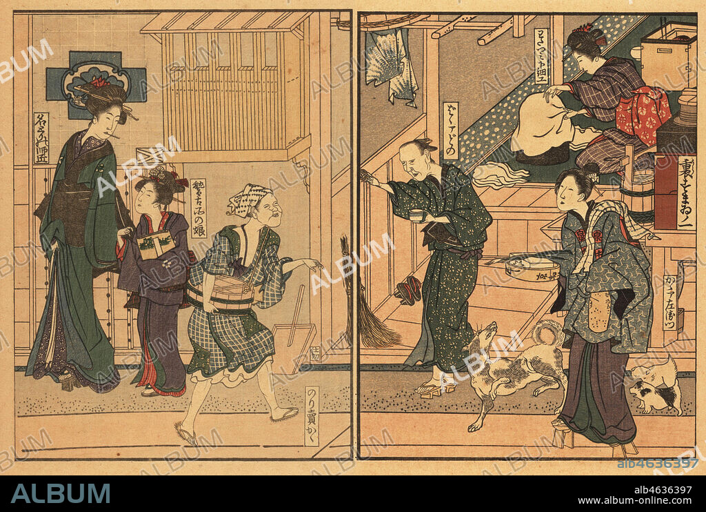 Edo street scene, 18th century. A dance teacher and pupil on the left, a nori (glue) seller is beckoned by workers in a small family business. Handcoloured ukiyo-e woodblock print by Toyokuni Utagawa from Shikitei Sanbas Ehon Imayo Sugata (Picture Book of the Modern Forms and Figures, Tokyo, 1916. Reprint of the original from 1802.