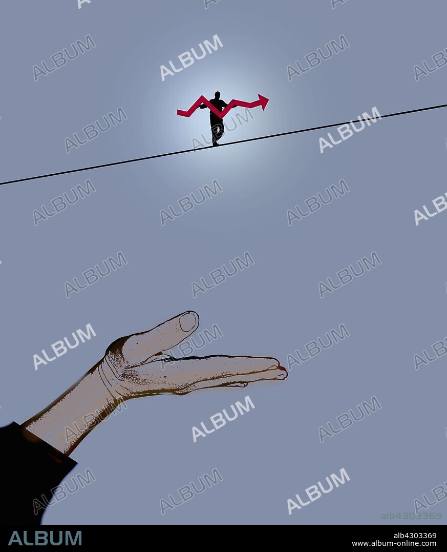 Man walking tightrope using line graph pole above hand held out as safety net.