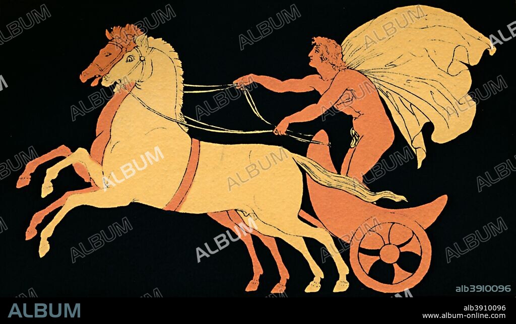 'Chariot Race', 1880. In Greek mythology, Pelops,  king of Pisa in the Peloponnesus, organised chariot races as thanksgiving to the gods and as funeral games in honor of King Oinomaos. From Stories from the Greek Tragedies by the Rev. Alfred J. Church, M.A. [Seeley, Jackson, & Halliday, London, 1880].