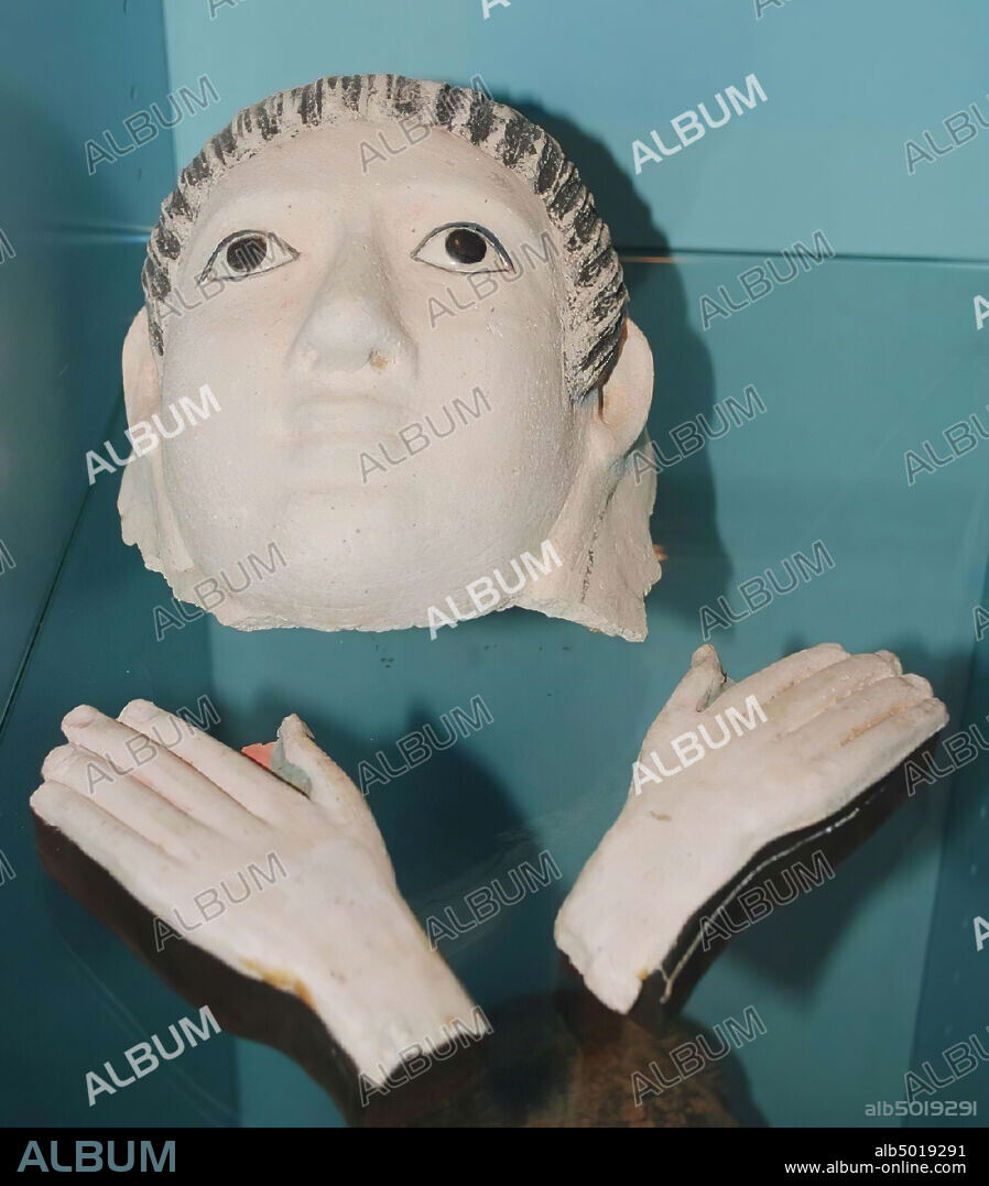Egypt, mummy mask, stucco, glass, 13.4 x 17.5 cm, Greco-Roman Period, Roman, early 2nd century A.D, Egypt.